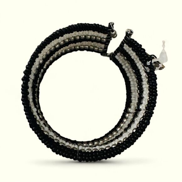 NWT Stephan & Co. Beaded Thick Cuff Bracelet Black White Silver Stripes - Picture 5 of 6